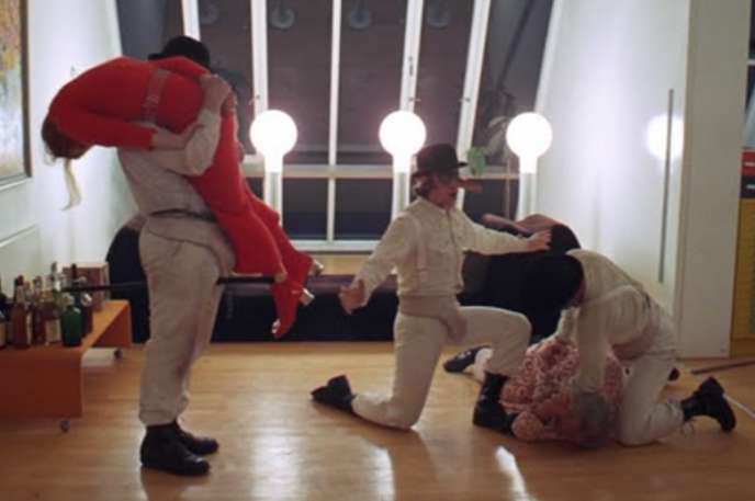 Singing in the Rain in A Clockwork Orange: Malcolm McDowell, like any actor, must have struggled with the though of playing a psychotic rapist. Director Stanley Kubrick demanded this scene to be re-shot many different times, and McDowell reacted by belting out “Singing In The Rain” during this harsh act of violence.