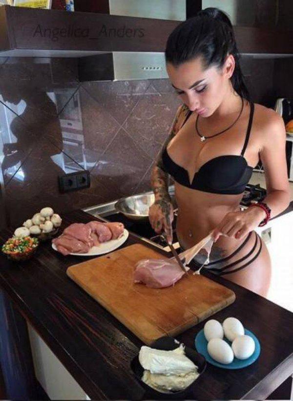 hot girl slicing chicken