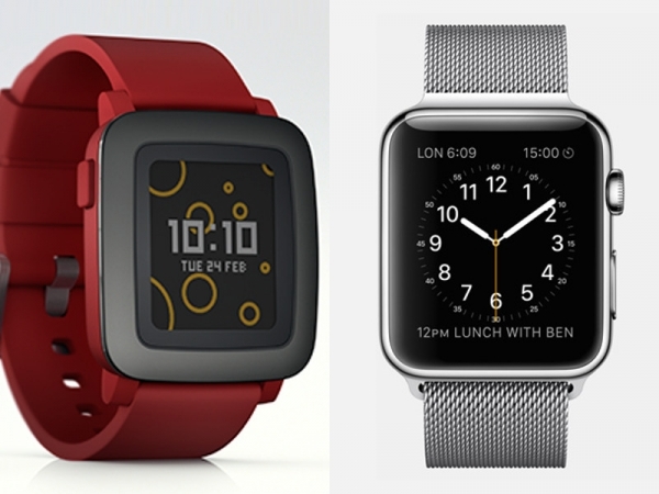 The Pebble Time smartwatch, the new iteration of the original Pebble smartwatch, has raised about $13.9 million on Kickstarter since it started in February 2015. The company has since released a newer version of that watch called The Pebble Time Steel, which is a stainless steel version of the earlier watch, but with longer battery life. The Steel comes closest to rivaling the Apple Watch, at least in appearance. Pebble's flagship comes wrapped in a sleek metal casing, with an optional metal wristband ($250 with a leather band, $300 with metal).

Pebble says its watches is water-resistant, and its battery can last up to seven days. Apple's watch is water-resistant as well, but its battery life is about 18 hours, based on regular use, according to the tech giant. While pricing on the Apple Watch starts at $349, the basic Pebble Watch costs about $99, according to the companies' websites.
