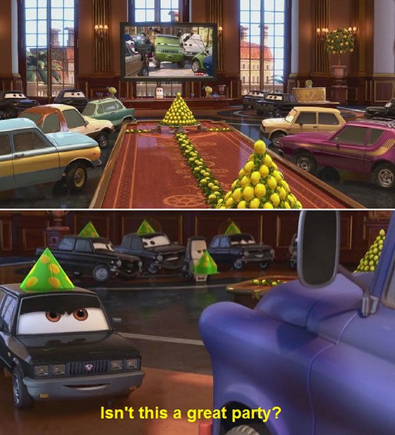 There might be a lemon party reference in Cars II. This one might just be guilty by association but the villains in this movie are the Lemons (as in a crappy car), at one point the Lemons decide to throw a party – a ‘lemon party’ if you will. If you don’t know what this is, you aren’t ready to know.
