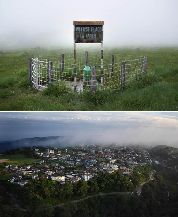 There's a rain gauge in Mawsynram, Meghalaya, India that collects 467 inches (38.9 feet) of rainfall a year. In contrast, New York City averages about 50 inches of precipitation annually. 

Summer air currents sweep over the steaming floodplains of Bangladesh and gather moisture as they move north. When the resulting clouds hit the steep hills of Meghalaya, they are "squeezed" through the narrowed gap in the atmosphere. Once compressed, they can no longer hold their moisture and cause the near constant rain the village is famous for. 

Mawsynram is the wettest place on Earth, and the people who live there have had to adapt accordingly. Laborers who work outdoors often wear full-body umbrellas made from bamboo and banana leaf. One of the most fascinating and beautiful features in the region are the "living bridges" spanning rain-soaked valleys. For centuries, locals have been training the roots of rubber trees to grow into natural bridges, which far outlast the man-made wooden structures that rot in just a few years. The bridges are self-strengthening and become more substantial as their root systems grow.