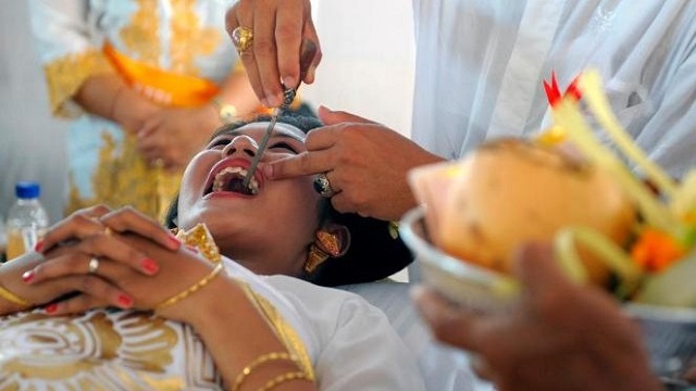 This ceremony is unique to Balinese Hindus, and it symbolizes the passage from animal to human with the filing down of the canines and eye tooth. Teeth are also believed to be the source of human evils like lust, greed, anger, too-strong emotions, confusion and jealousy. You can see the connection if you think about how people show their teeth when dealing with those feelings.