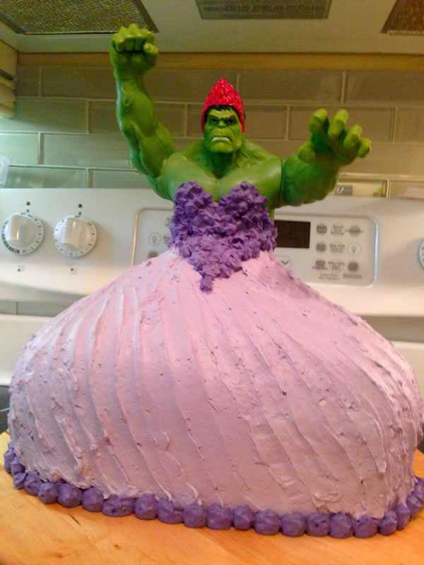 A proud dad tweeted his joy after granting his twin daughters' their birthday wish for a Hulk princess birthday cake. 

Brian Elton uploaded the brilliant birthday cake on Imgur. The cake features the Hulk in a red tiara (we think) and huge purple sweetheart-neck gown. The photo has been viewed over 1,000,000 times.

We're not sure what we're happier about—the dad for being so proud that his daughters asked for a Hulk cake, or his daughters wanting it in the first place.