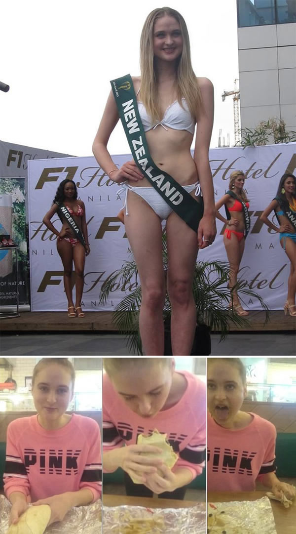 You know how they say that models starve themselves to stay thin? That's not the case for a former Miss Earth New Zealand, Nela Zisser.

This 23-year-old beauty has a YouTube channel where she specializes in competitive food challenges, such as eating a five-foot-long sub in just over nine minutes and a one-kilo burrito in under two minutes.

Her latest video has left the internet baffled. She wolfed down 20 McDonald's cheeseburgers in just 16 minutes and put Man vs. Food star Adam Richman to shame.

Nela now travels the country entering competitive eating contests.