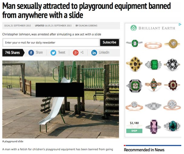 website - Man sexually attracted to playground equipment banned from anywhere with a slide 1024, Updated 1 By Duncan Carbons Brilliant Earth Christopher Johnson, was arrested after simulating a sex act with a slide Enter your email for our daily newslette