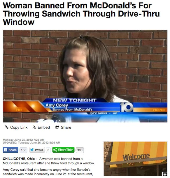 sandler training - Woman Banned From McDonald's For Throwing Sandwich Through DriveThru Window New Tonight Amy Corey Banned From Mc Donalds Copy Link Embed Monday Updated Tuesday 106 Tweet This 308 Welcome Chillicothe, Ohio. A woman was banned from a McDo