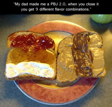 funny peanut butter sandwich - My dad made me a Pbj 2.0, when you close it you get 9 different flavor combinations."