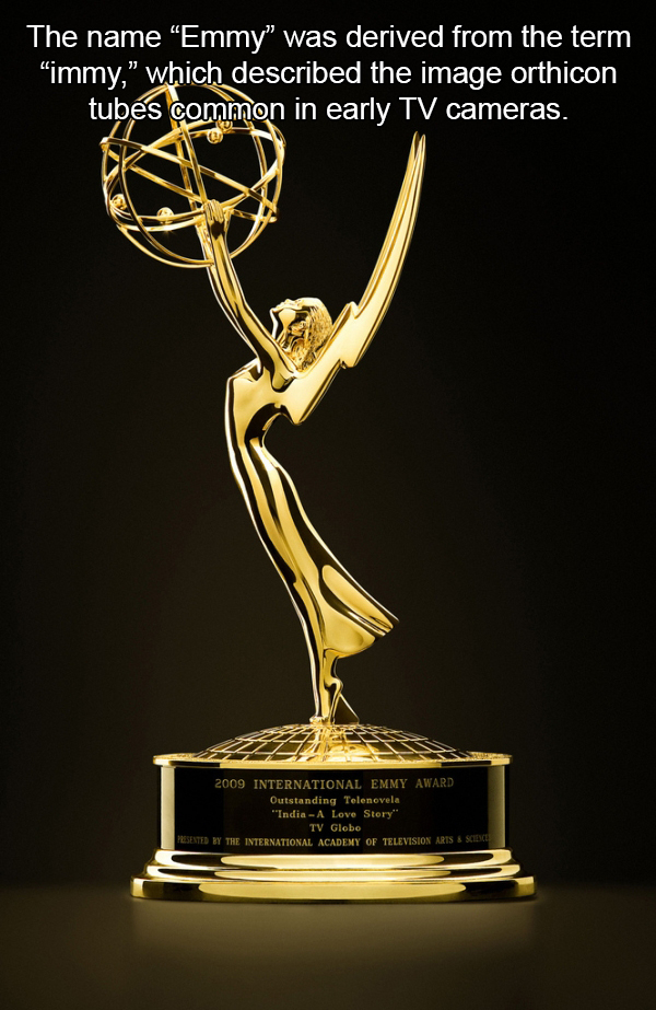 trophy - The name Emmy was derived from the term immy," which described the image orthicon tubes common in early Tv cameras. 2009 International Emmy Award Outstanding Telenovela "India A Love Story Tv Globo Presented By The International Academy Of Televi