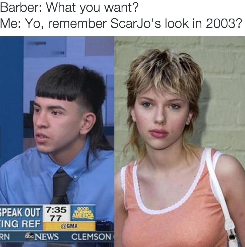 scarlett johansson mullet haircut - Barber What you want? Me Yo, remember ScarJo's look in 2003? 77 Speak Out Ing Ref Rn News Clemson Gma