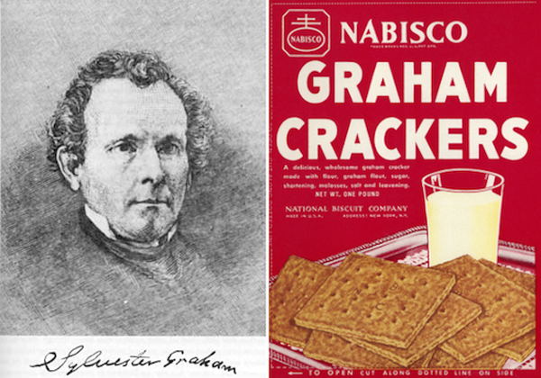 Sylvester Graham was a charismatic 19th century minister who was a strict vegan. He believed that unhealthy and processed foods created lust in the body, which led to disease and death. He was especially against masturbation, which he claimed could cause insanity. To counter these lustful urges and calm the sex drive, Graham encouraged his Grahamites to eat only bland foods, including a special cracker. Today's Graham cracker, made with bleached flour, cinnamon, and sugar, has certainly strayed from Graham's original intent.