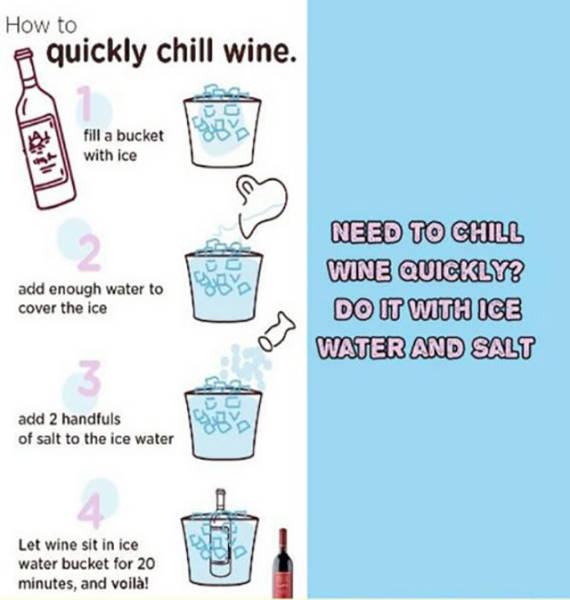 water - How to quickly chill wine. fill a bucket with ice add enough water to cover the ice Need To Chill Wine Quickly Do It With Ice Water And Salt add 2 handfuls of salt to the ice water Let wine sit in ice water bucket for 20 minutes, and voil!