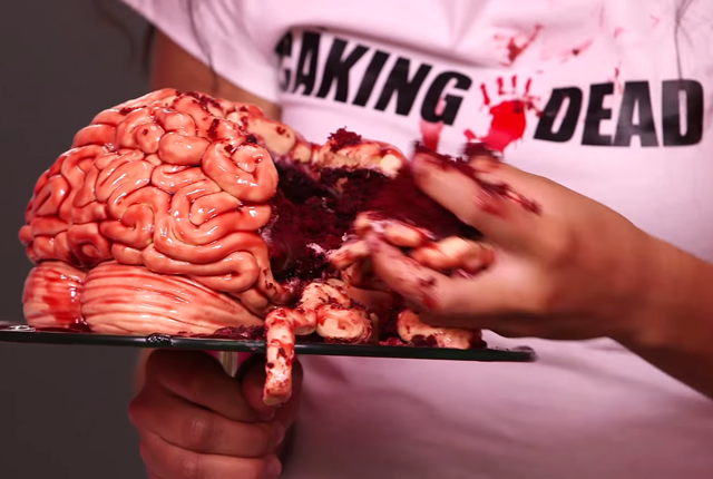 Reenact your favorite zombie flick by digging into some very realistic looking brain cake. It probably wouldn't be enough to satiate a real zombie, but your guests will love it.