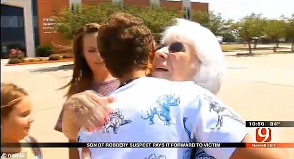 In 2013, then 78-year-old Tona Herndon of Bethany, Oklahoma was mugged as she visited her husband's grave. The mugger got away with her purse and $700, but not for long. Police caught up to him, and his mug shot was broadcast on the news. 

Christian Lunsford, now 17, said the first time he saw the picture, he recognized it "in detail." He had no doubt that it was his dad. His parents had divorced when he was two, and the boy saw little of his father over the years. However, a few weeks prior to seeing the news, his dad gave him $250 for a band trip Christian really wanted to go on. 

Christian quickly put two and two together. He reached out to the victim and asked to meet her in a church parking lot. They met, and the teen told her he was sorry about what happened and offered to give her the $250. Touched by his gesture, she graciously accepted. Tona said, "It (The money) was mine to do with what I wanted." 

"I want you to take your band trip," Tona told Christian.

In the end, no money changed hands in that church parking lot, but both Tona and Christian got something tremendously valuable from each other.
