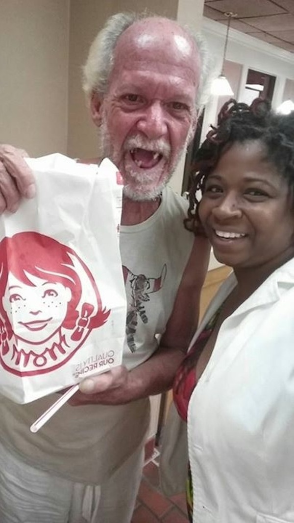 Good Samaritan Natasha Robinson helped a hungry man get a proper meal. 

Robinson posted a photo of herself and man holding a Wendy's bag on Facebook on September 24, 2015. Underneath the photo, she described the experience leading up to that moment.

She wrote that she was leaving school in Northwest Washington D.C. and saw the man eating from a trash can. She asked him if he would like to go to Wendy's to get something to eat. The man took her up on her offer. As as they walked, he said, “Thank you, Lord, for sending someone.”

According to the man, the Catholic soup kitchens were closed due to the Pope's visit. After he had ordered, he asked to take a selfie with Robinson. He said that “the world needs to see what a walking blessing looks like."

“He said, 'I can't let you leave until I hug you.' As he was hugging me, he was praying. Little do [sic] he know I'm the one who received a blessing,” Robinson wrote.