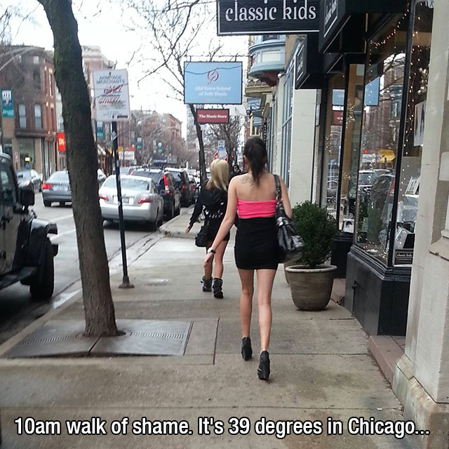 funny walk of shame - classic kids 10am walk of shame. It's 39 degrees in Chicago...