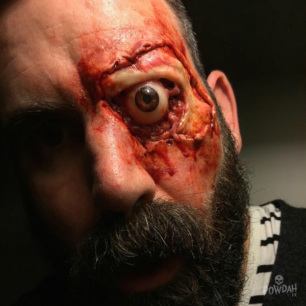 When it comes to gory Halloween makeup, it's hard to beat Marc Clancy (aka Powdah), who constantly updates his Instagram and YouTube accounts with new, terrible effects. This nasty face wound is just one of his many horrific looks.
