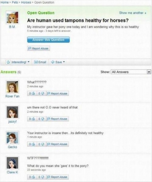 yahoo questions memes - Home > Pets > Horses > Open Question Open Question Show me another Are human used tampons healthy for horses? My instructor gave her pony one today and I am wondering why this is so healthy Sminutes ago 3 days left to answer Answer