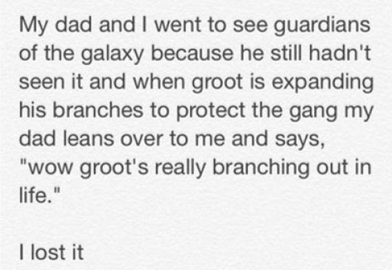 dad jokes - my father had taught me to be nice first - My dad and I went to see guardians of the galaxy because he still hadn't seen it and when groot is expanding his branches to protect the gang my dad leans over to me and says, "wow groot's really bran