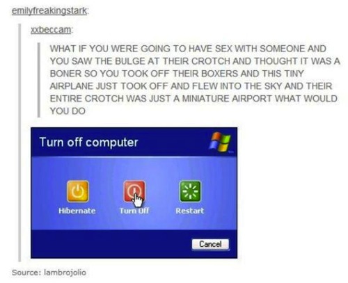 tumblr - multimedia - emilyfreakingstark xxbeccam What If You Were Going To Have Sex With Someone And You Saw The Bulge At Their Crotch And Thought It Was A Boner So You Took Off Their Boxers And This Tiny Airplane Just Took Off And Flew Into The Sky And 