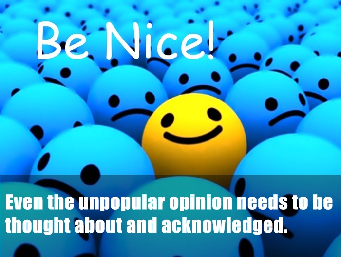 happy mindset - Be Nice!... Even the unpopular opinion needs to be thought about and acknowledged.