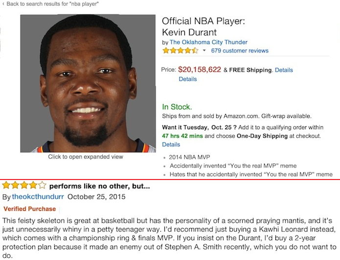 amazon reviews - jaw - Back to search results for "nba player" Official Nba Player Kevin Durant by The Oklahoma City Thunder 679 customer reviews Price $20,158,622 & Free Shipping. Details Details In Stock Ships from and sold by Amazon.com. Giftwrap avail