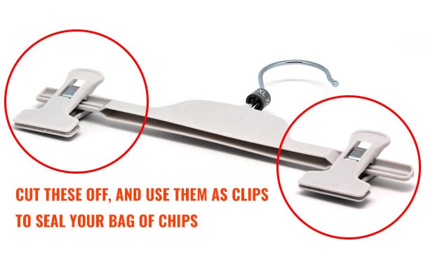 Needing a quick, cheap way to clamp your bag of chips, use a clip hanger.