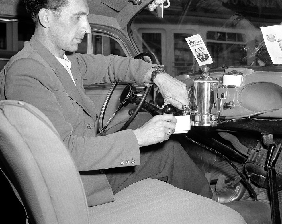 This dashboard coffee maker could make up to three cups of coffee, 1950.