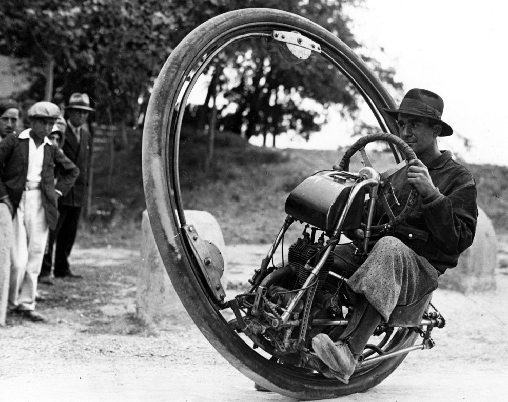 This spacey looking invention was the work of a Swiss engineer. The ‘Motor Wheel’ was a motorcycle that ran along a metal rail with a rubber outside.