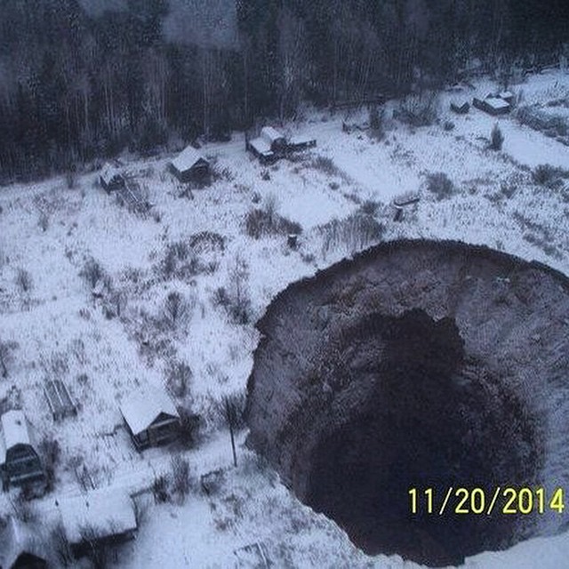 A sinkhole after an accident at a potash mine in Solikamsk, Russia