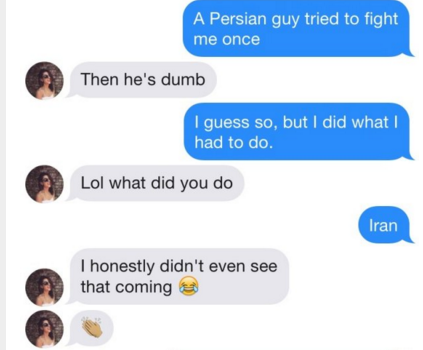 tinder pun organization - A Persian guy tried to fight me once Then he's dumb I guess so, but I did what I had to do. Lol what did you do Iran I honestly didn't even see that coming