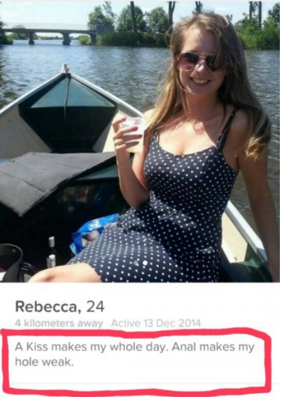 tinder pun kiss makes my whole day anal makes my hole weak - Rebecca, 24 4 kilometers away Active A kiss makes my whole day. Anal makes my hole weak