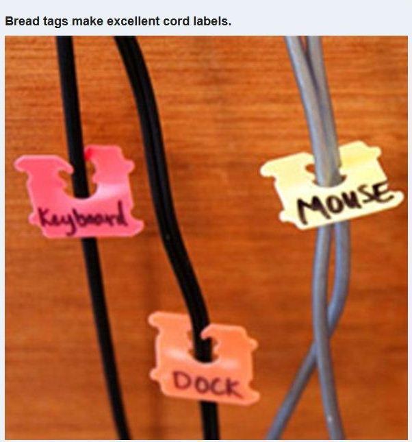 life hacks - Bread tags make excellent cord labels. Mouse Keyboard Dock