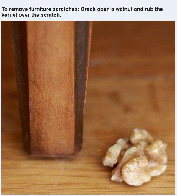 life hack meme - To remove furniture scratches Crack open a walnut and rub the kernel over the scratch.