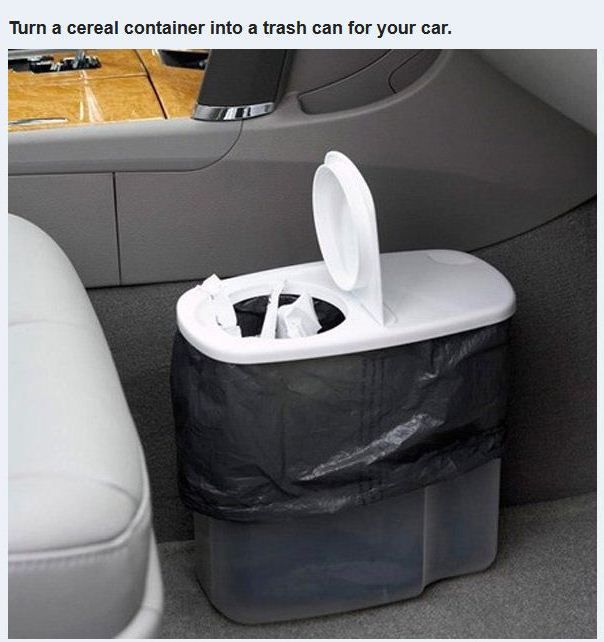 road trip hacks - Turn a cereal container into a trash can for your car.