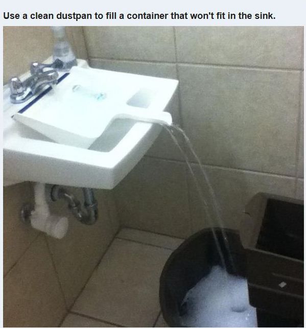 household tips and tricks - Use a clean dustpan to fill a container that won't fit in the sink.