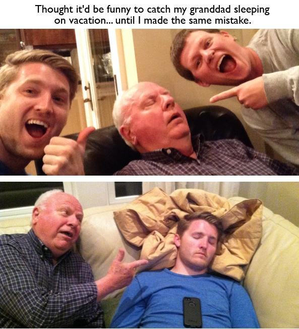 parent fun - Thought it'd be funny to catch my granddad sleeping on vacation... until I made the same mistake.