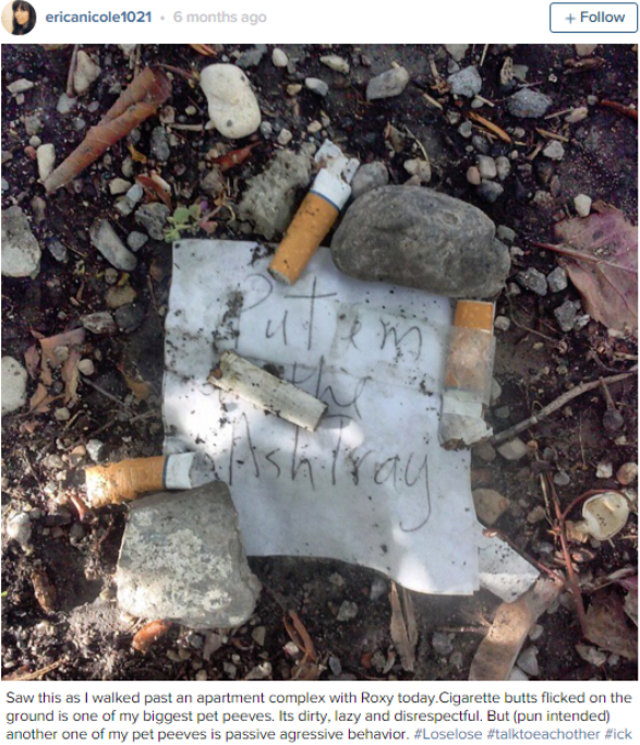 soil - ericanicole1021.6 months ago Saw this as I walked past an apartment complex with Roxy today.Cigarette butts flicked on the ground is one of my biggest pet peeves. Its dirty, lazy and disrespectful. But pun intended another one of my pet peeves is p