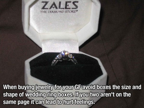 engagement ring in box - Zales The Diamond Store When buying jewelry for your Gf avoid boxes the size and shape of wedding ring boxes. If you two aren't on the same page it can lead to hurt feelings.
