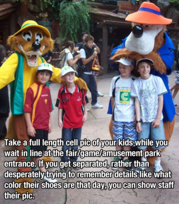 photo caption - Take a full length cell pic of your kids while you wait in line at the fairgameamusement park entrance. If you get separated, rather than desperately trying to remember details what color their shoes are that day, you can show staff their 