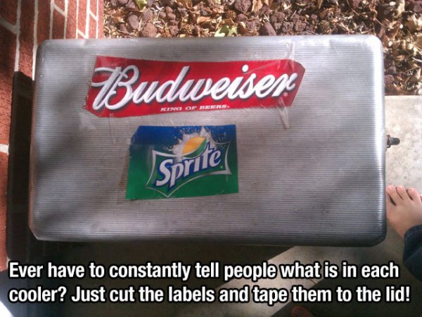 Budweiser Sprite Ever have to constantly tell people what is in each cooler? Just cut the labels and tape them to the lid!