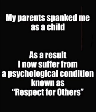my parents spanked me as a child - My parents spanked me as a child As a result I now suffer from a psychological condition known as "Respect for Others"