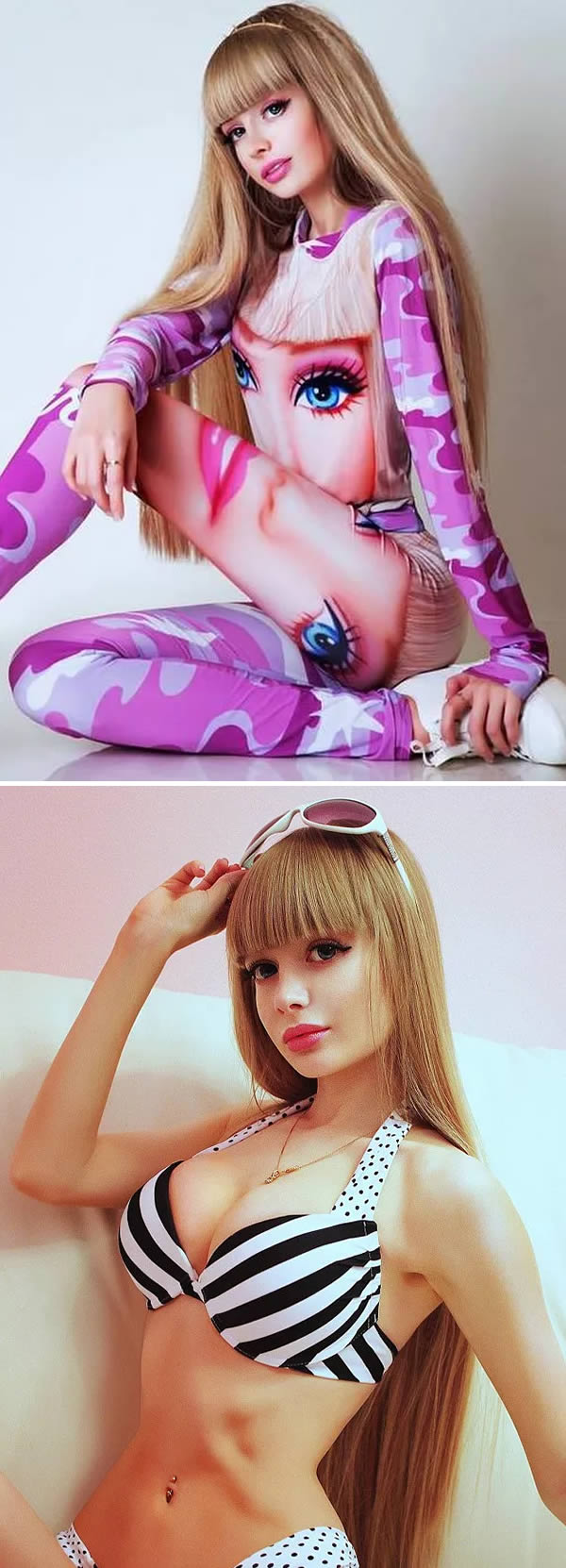 Meet Angelica Kenova, the new "Human Barbie" in town, who not only looks likes like a living doll, but is often treated like one. Angelica, 26, from Moscow, Russia, still lives with her parents and has never had a boyfriend.

She has been dressing up as Barbie since birth and is only allowed to go on dates if her mother, Natalia, accompanies her. Angelica—who claims to be a model, child psychologist and ballet dancer—regularly poses for half-naked photos with her parents' approval.