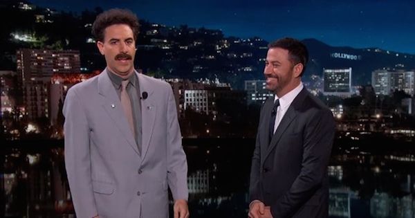 In December 2015, late night host Jimmy Kimmel was talking about Hanukkah when a very special guest walked out on stage—Borat (as played by Sacha Baron Cohen).

"Borat" explained that the reason he was on the show was to warn the world about the “frivolous nincompoop” Sacha Baron Cohen, who is famous for portraying characters like Ali G, Bruno, and, most recently, Donald Trump. “The only person who would ban Muslims is someone with a brain like a female chicken,” he said. “It is clearly a parody of a rich American racist. Cohen have spent all the money on orange paint for face and he leave no money for wig. Now I know what happen to Pamela Anderson's pubis. It is on his head!”

In the end, it turned out the real reason Borat was on the show was to premiere the new trailer of “propaganda footage” for Cohen's upcoming film The Brothers Grimsby, in which he plays the hapless brother of a James Bond-type British spy alongside Mark Strong and Rebel Wilson.