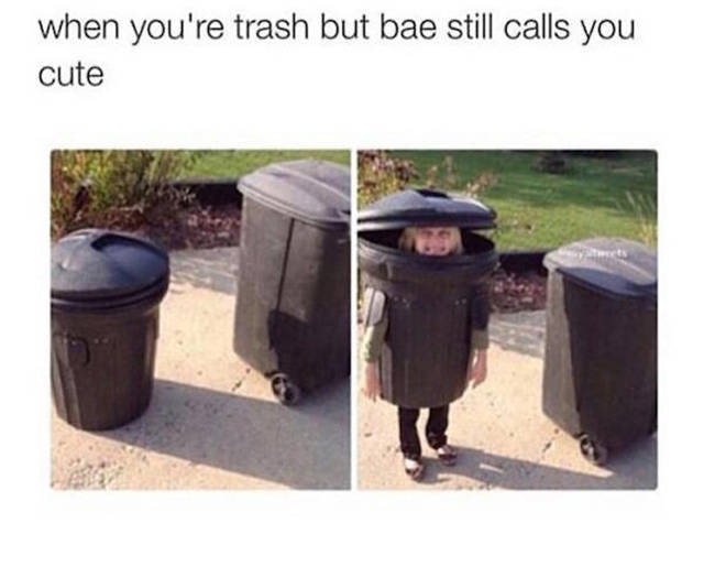 Funny meme of cute kid trying to hide disguised as a garbage can, captioned about being trash but cute.