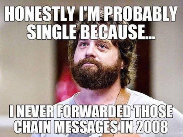 Zach Galifianakis 1000 yard stare meme about being single because he didn't forward those chain messages in 2008.