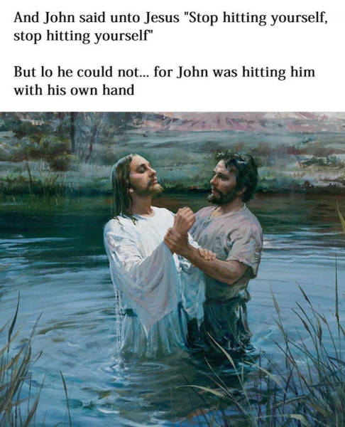 Funny meme of John hitting Jesus with his own hand from illustration of his baptism.