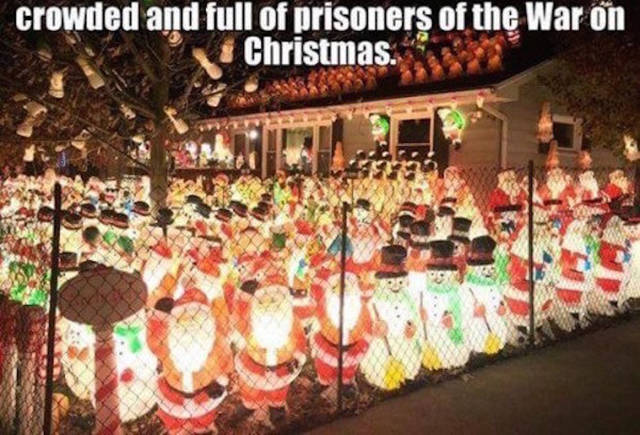 Meme of a thousand Christmas gnomes as prisoners of the war on Christmas.
