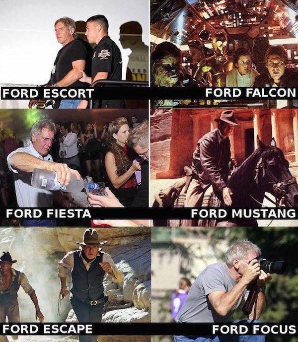 Funny meme of various pictures of Harrison Ford made into a pun of that image.