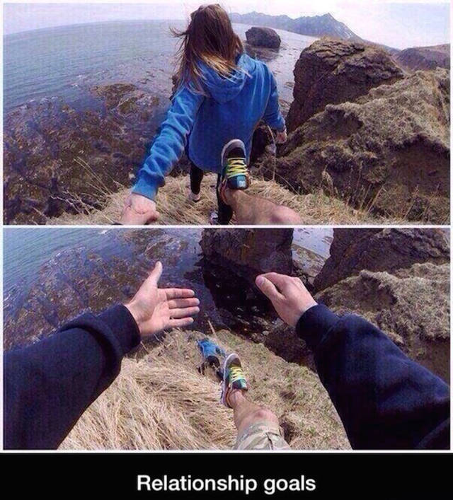 Funny pictures of a 'Relationship Goals' of a guy who kicks the girl holding his hand in his pictures down a cliff.