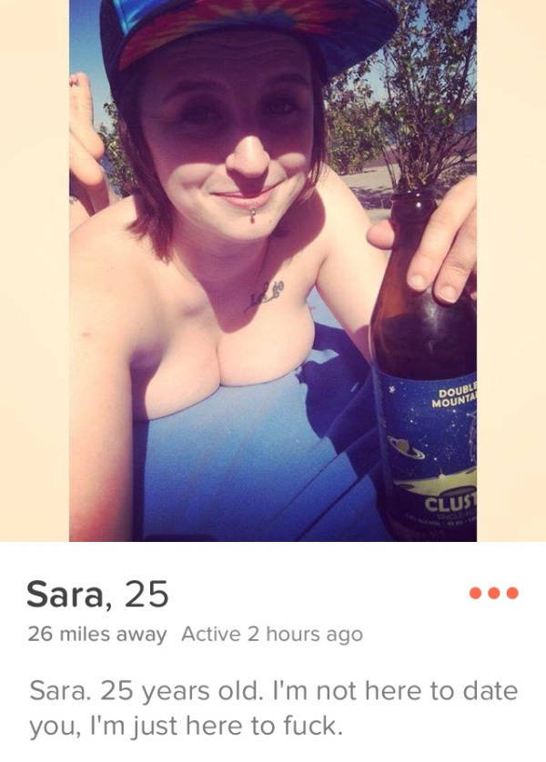 tinder fuck - Double Mounta Clus Sara, 25 26 miles away Active 2 hours ago Sara. 25 years old. I'm not here to date you, I'm just here to fuck.